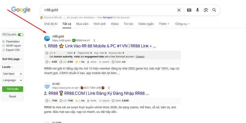 Seacrh rr88.gold tại google chrome